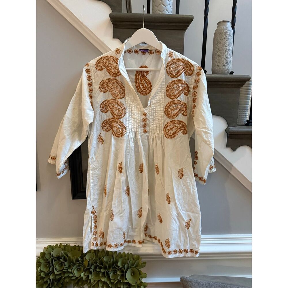 Sevya Handmade White Pinktuck & Rust Embroidered Tubic Boho sz M EUC